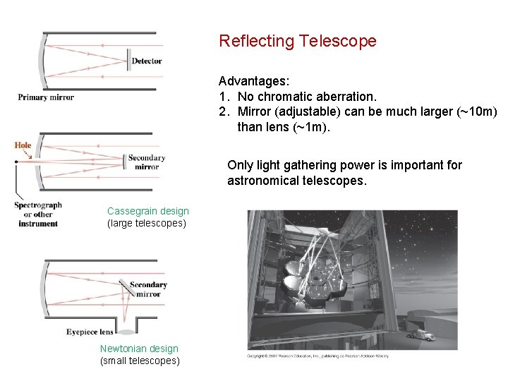 Reflecting Telescope Advantages: 1. No chromatic aberration. 2. Mirror (adjustable) can be much larger Reflecting Telescope Advantages: 1. No chromatic aberration. 2. Mirror (adjustable) can be much larger