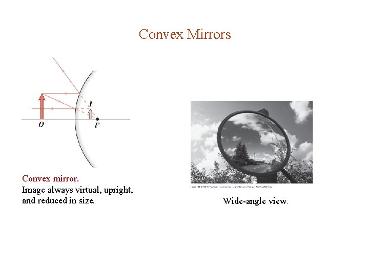 Convex Mirrors Convex mirror. Image always virtual, upright, and reduced in size. Wide-angle view. Convex Mirrors Convex mirror. Image always virtual, upright, and reduced in size. Wide-angle view.