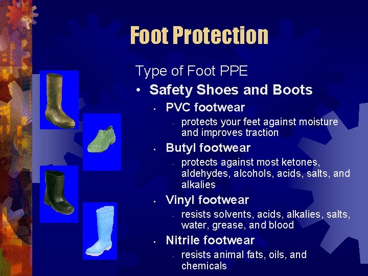 Foot Protection Type of Foot PPE • Safety Shoes and Boots • PVC footwear