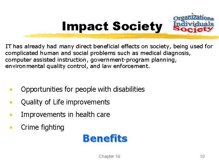 Impact Society IT has already had many direct beneficial effects on society, being used