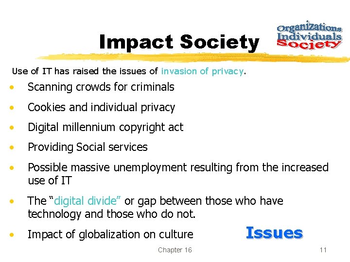 Impact Society Use of IT has raised the issues of invasion of privacy. •