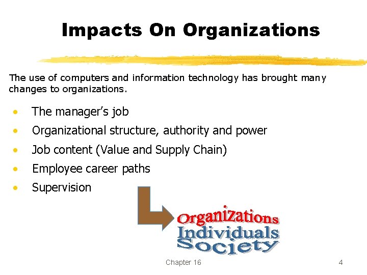 Impacts On Organizations The use of computers and information technology has brought many changes