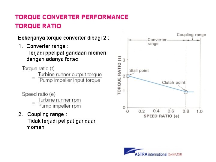 TORQUE CONVERTER PERFORMANCE TORQUE RATIO Bekerjanya torque converter dibagi 2 : 1. Converter range