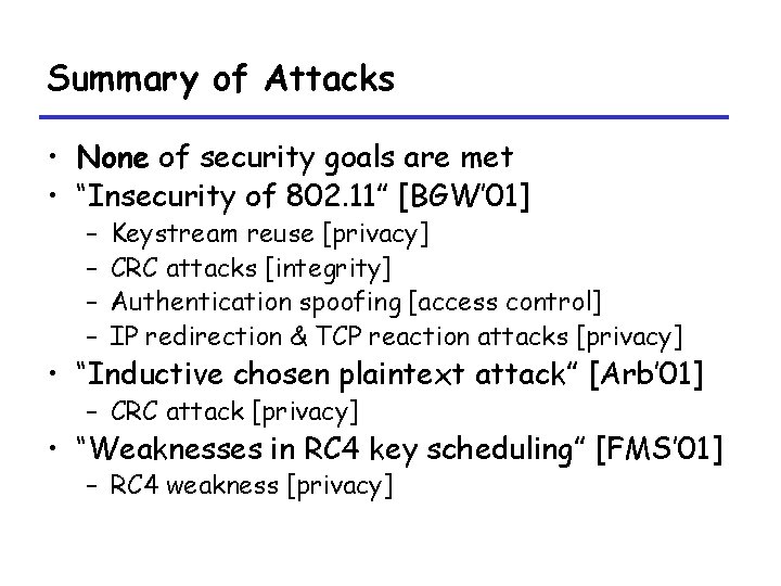 Summary of Attacks • None of security goals are met • “Insecurity of 802.