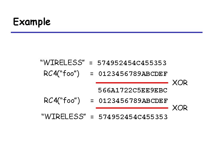 Example “WIRELESS” = 574952454 C 455353 RC 4(“foo”) = 0123456789 ABCDEF RC 4(“foo”) 566