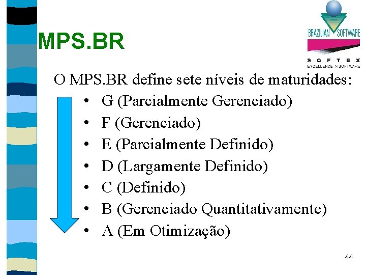 MPS. BR O MPS. BR define sete níveis de maturidades: • G (Parcialmente Gerenciado)