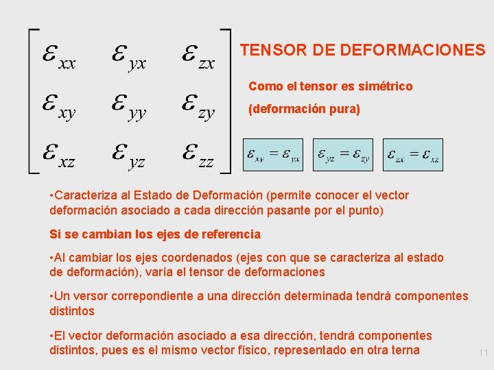 TENSOR DE DEFORMACIONES Como el tensor es simétrico (deformación pura) • Caracteriza al Estado