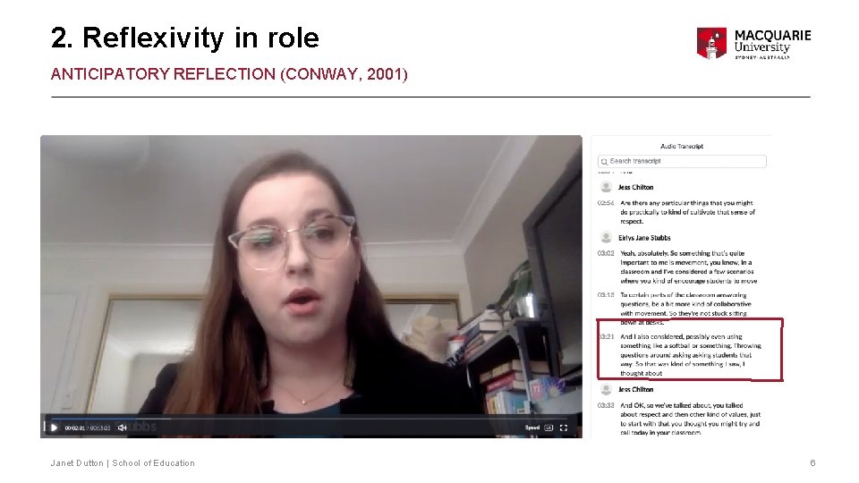 2. Reflexivity in role ANTICIPATORY REFLECTION (CONWAY, 2001) Janet Dutton | School of Education
