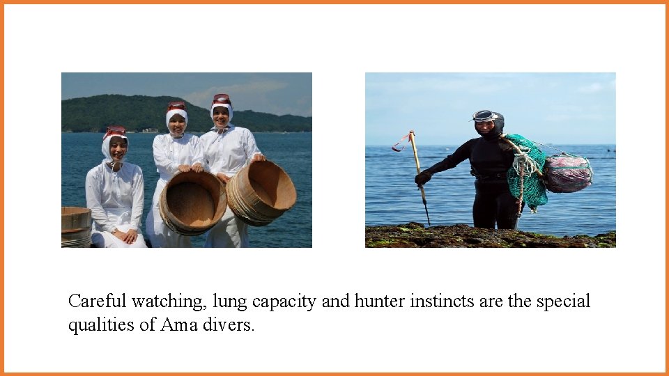 Careful watching, lung capacity and hunter instincts are the special qualities of Ama divers. Careful watching, lung capacity and hunter instincts are the special qualities of Ama divers.
