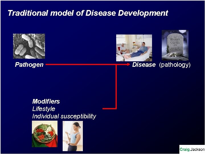 Traditional model of Disease Development Pathogen Modifiers Lifestyle Individual susceptibility Disease (pathology) 