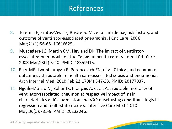 References 8. Tejerina E, Frutos-Vivar F, Restrepo MI, et al. Incidence, risk factors, and