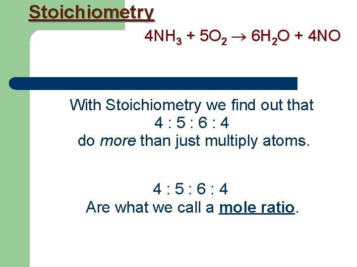 Stoichiometry 4 NH 3 + 5 O 2 6 H 2 O + 4
