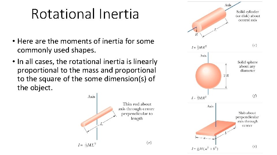 Rotational Inertia • Here are the moments of inertia for some commonly used shapes.