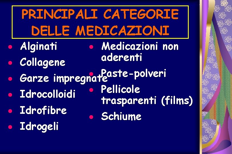 PRINCIPALI CATEGORIE DELLE MEDICAZIONI · Alginati · Medicazioni non aderenti · Collagene · Paste-polveri