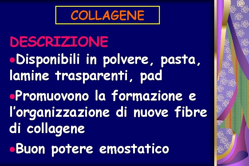 COLLAGENE DESCRIZIONE ·Disponibili in polvere, pasta, lamine trasparenti, pad ·Promuovono la formazione e l’organizzazione