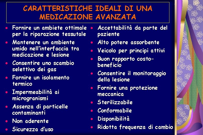 CARATTERISTICHE IDEALI DI UNA MEDICAZIONE AVANZATA · Fornire un ambiete ottimale per la riparazione