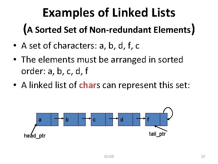 Examples of Linked Lists (A Sorted Set of Non-redundant Elements) • A set of