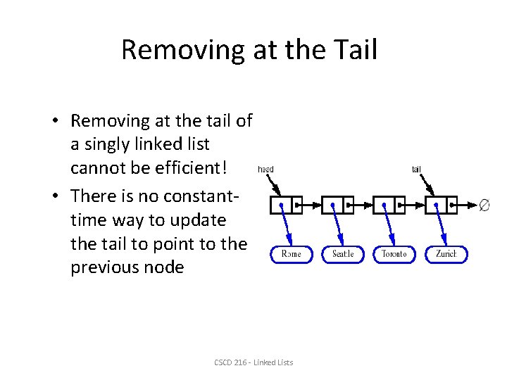 Removing at the Tail • Removing at the tail of a singly linked list