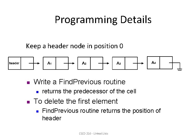 Programming Details Keep a header node in position 0 n Write a Find. Previous