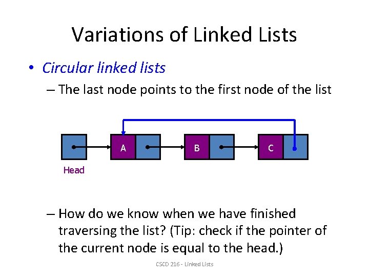 Variations of Linked Lists • Circular linked lists – The last node points to