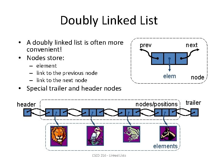 Doubly Linked List • A doubly linked list is often more convenient! • Nodes