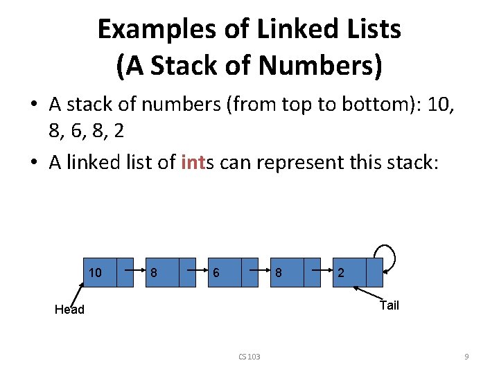 Examples of Linked Lists (A Stack of Numbers) • A stack of numbers (from