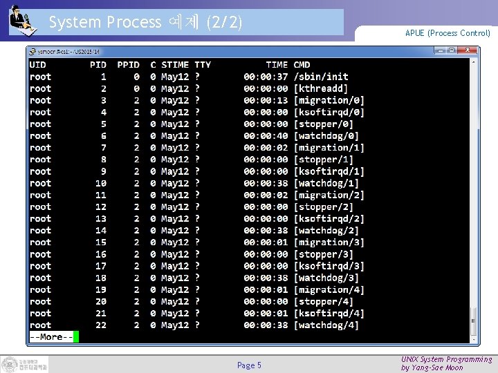 System Process 예제 (2/2) Page 5 APUE (Process Control) UNIX System Programming by Yang-Sae