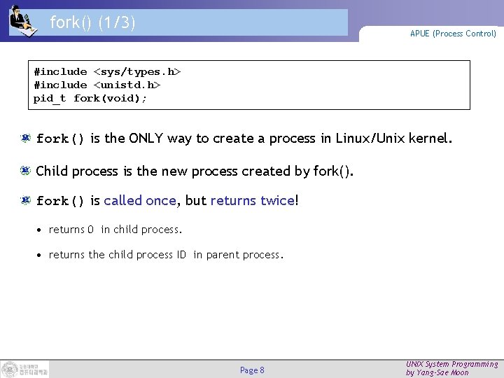 fork() (1/3) APUE (Process Control) #include <sys/types. h> #include <unistd. h> pid_t fork(void); fork()