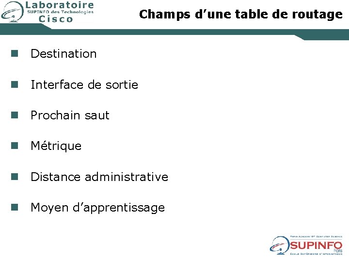 Champs d’une table de routage n Destination n Interface de sortie n Prochain saut