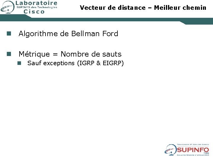 Vecteur de distance – Meilleur chemin n Algorithme de Bellman Ford n Métrique =
