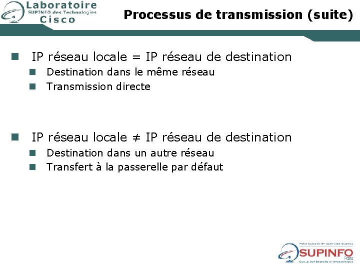 Processus de transmission (suite) n IP réseau locale = IP réseau de destination n
