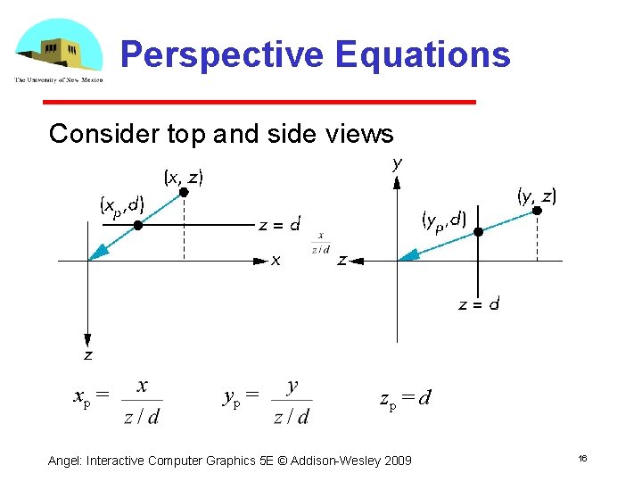 Perspective Equations Consider top and side views xp = yp = zp = d