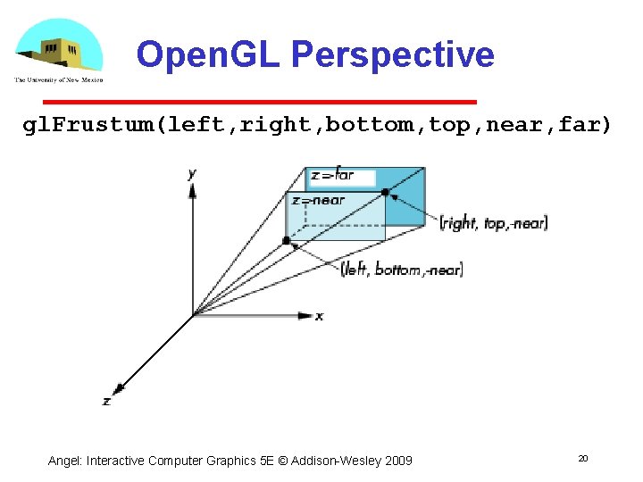Open. GL Perspective gl. Frustum(left, right, bottom, top, near, far) Angel: Interactive Computer Graphics