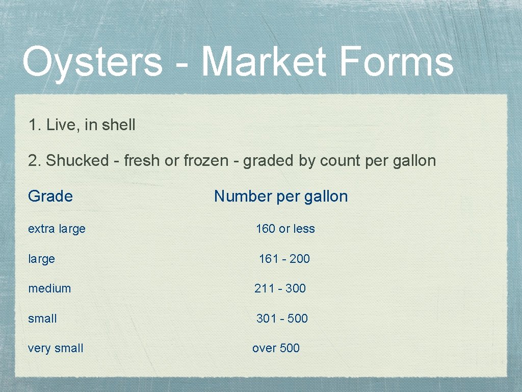 Oysters - Market Forms 1. Live, in shell 2. Shucked - fresh or frozen