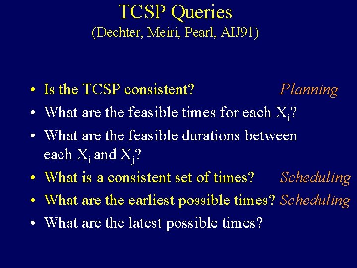 TCSP Queries (Dechter, Meiri, Pearl, AIJ 91) • Is the TCSP consistent? Planning •