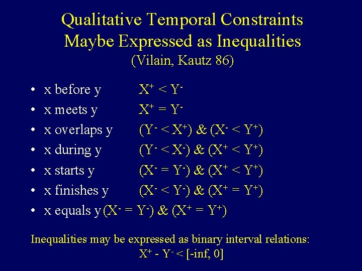 Qualitative Temporal Constraints Maybe Expressed as Inequalities (Vilain, Kautz 86) • • x before