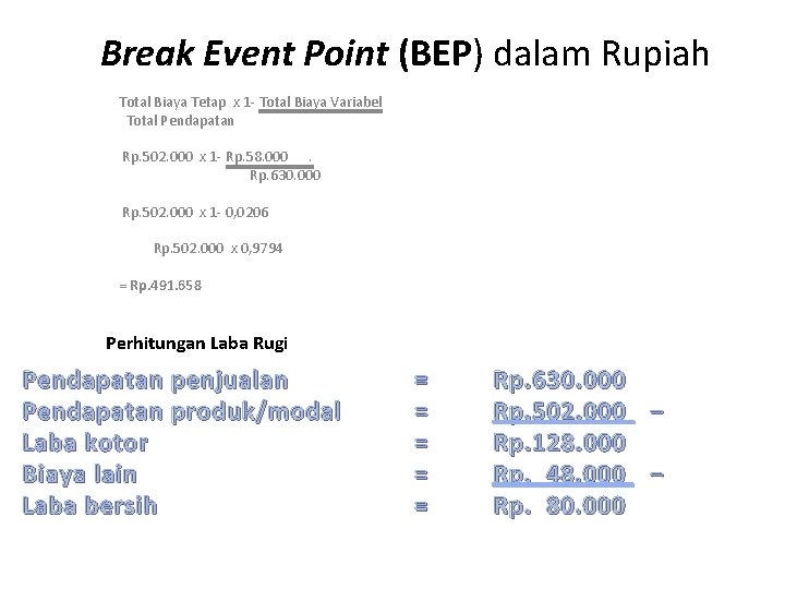 Break Event Point (BEP) dalam Rupiah Total Biaya Tetap x 1 - Total Biaya