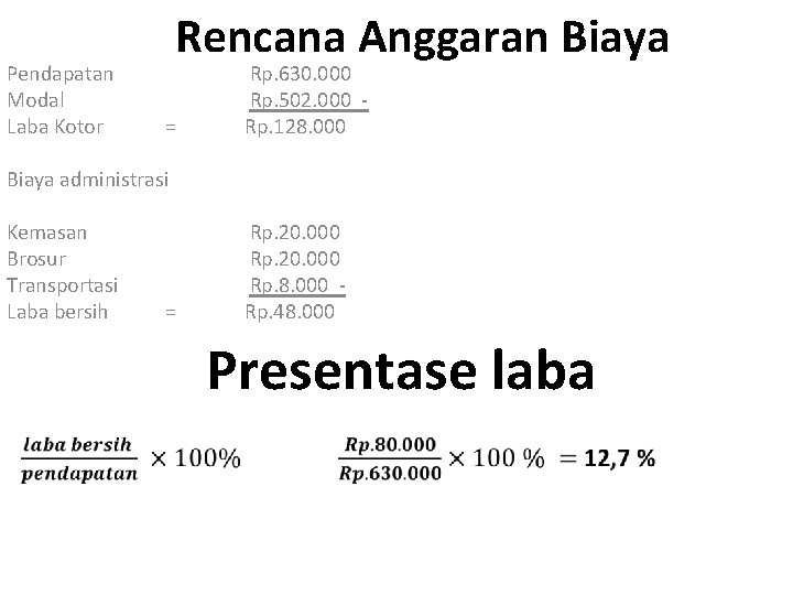 Pendapatan Modal Laba Kotor Rencana Anggaran Biaya = Rp. 630. 000 Rp. 502. 000