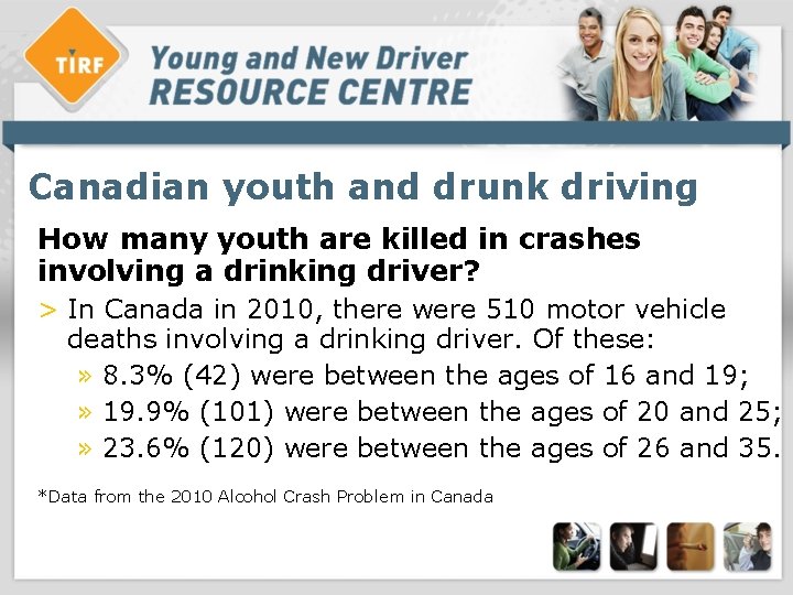 Canadian youth and drunk driving How many youth are killed in crashes involving a Canadian youth and drunk driving How many youth are killed in crashes involving a