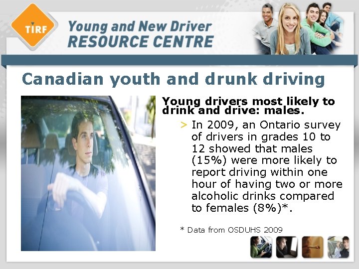 Canadian youth and drunk driving Young drivers most likely to drink and drive: males. Canadian youth and drunk driving Young drivers most likely to drink and drive: males.