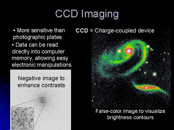 CCD Imaging • More sensitive than CCD = Charge-coupled device photographic plates • Data