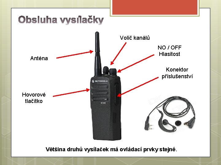 Volič kanálů Anténa NO / OFF Hlasitost Konektor příslušenství Hovorové tlačítko Většina druhů vysílaček