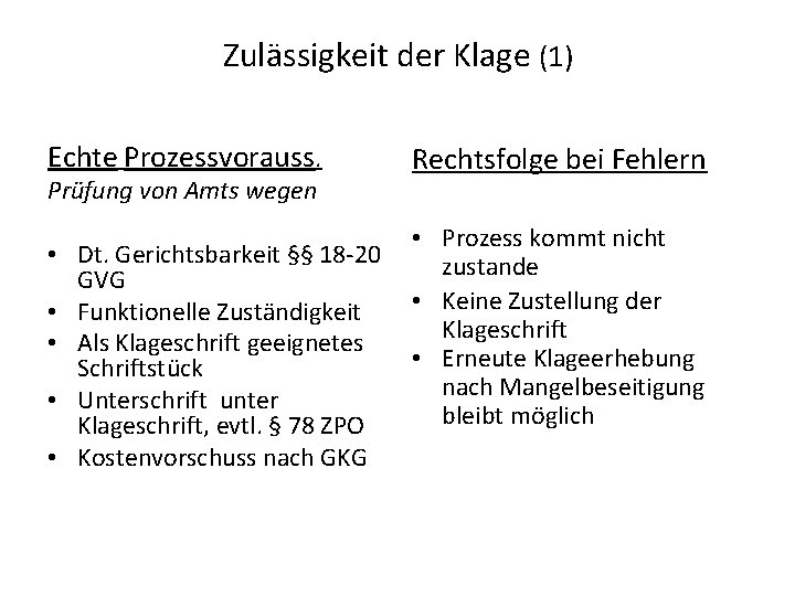 Zulässigkeit der Klage (1) Echte Prozessvorauss. Prüfung von Amts wegen Rechtsfolge bei Fehlern •