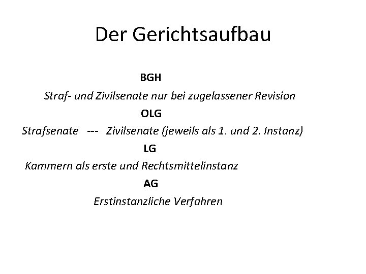 Der Gerichtsaufbau BGH Straf- und Zivilsenate nur bei zugelassener Revision OLG Strafsenate --- Zivilsenate