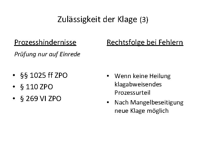 Zulässigkeit der Klage (3) Prozesshindernisse Prüfung nur auf Einrede Rechtsfolge bei Fehlern • §§