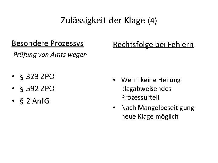 Zulässigkeit der Klage (4) Besondere Prozessvs Rechtsfolge bei Fehlern Prüfung von Amts wegen •