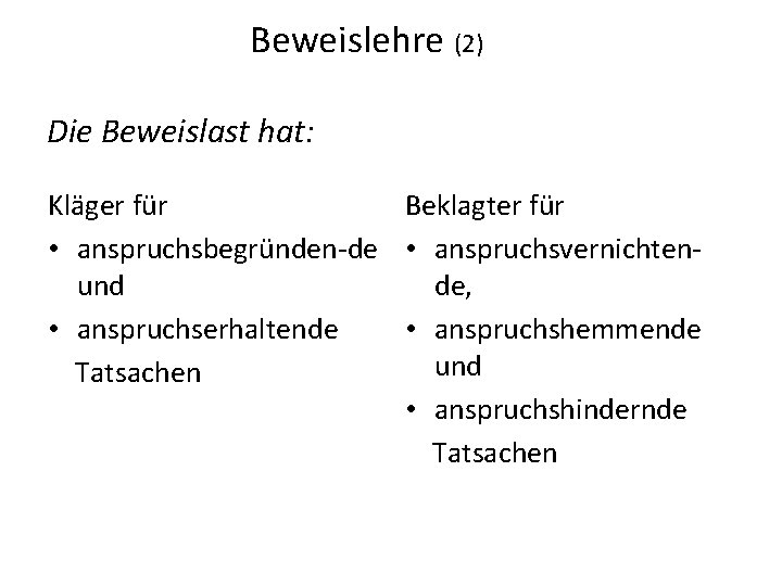  Beweislehre (2) Die Beweislast hat: Kläger für Beklagter für • anspruchsbegründen de •