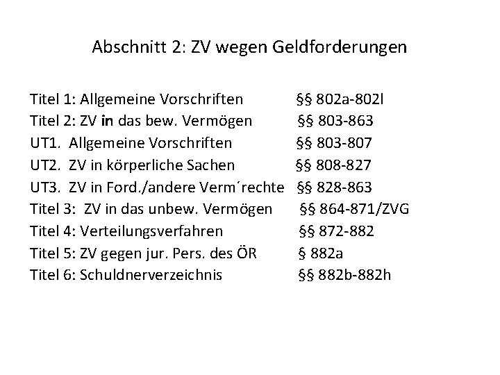 Abschnitt 2: ZV wegen Geldforderungen Titel 1: Allgemeine Vorschriften §§ 802 a 802 l