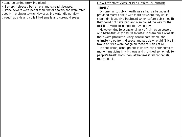  • Lead poisoning (from the pipes). • Sewers- released bad smells and spread