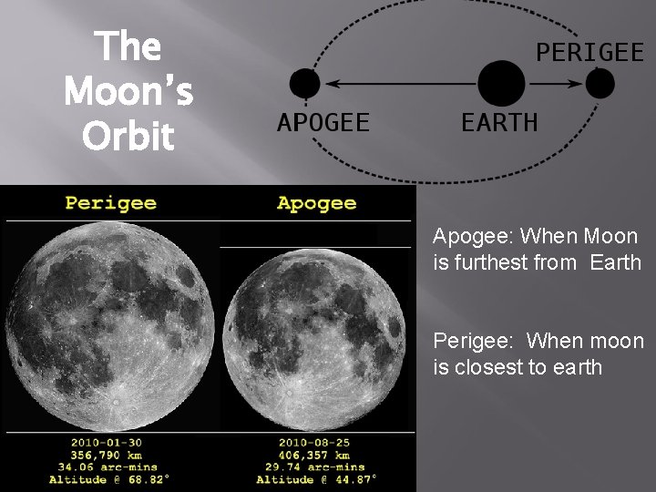 The Moon’s Orbit Apogee: When Moon is furthest from Earth Perigee: When moon is